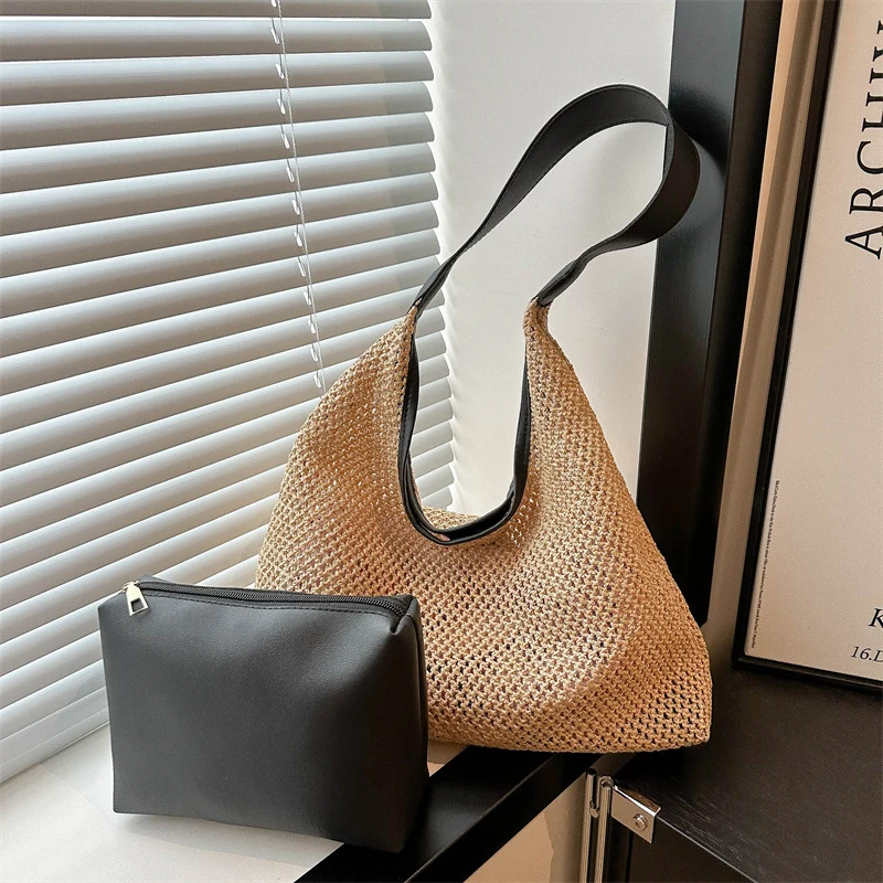 Handgefertigte Geflochtene Strohtasche mit Abnehmbarem Beutel