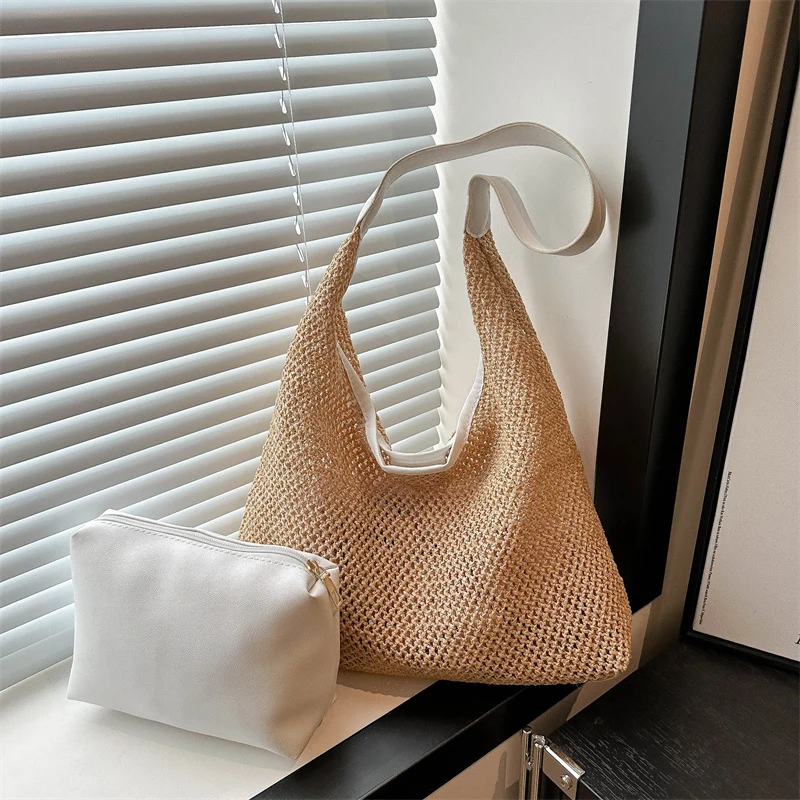 Handgefertigte Geflochtene Strohtasche mit Abnehmbarem Beutel