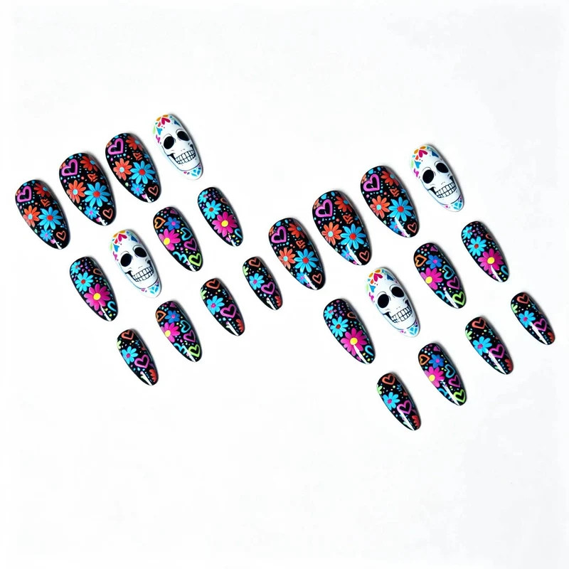 Künstlerisches Skull- und Blumen-Nagelkunst-Kit