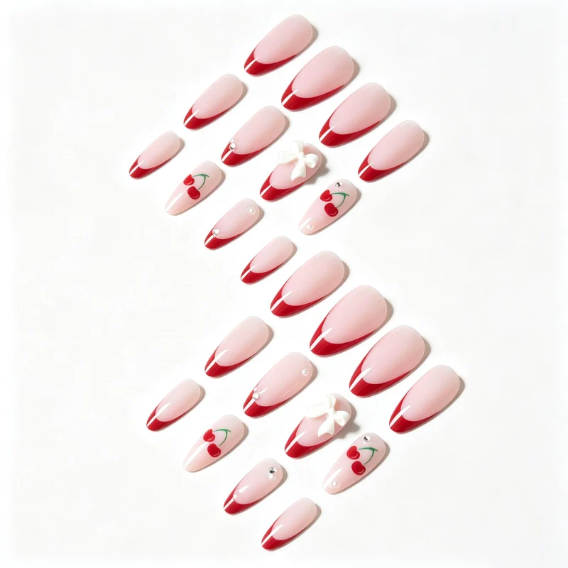 Künstlerisches Kirsch- und Schleifen-Nageldesign