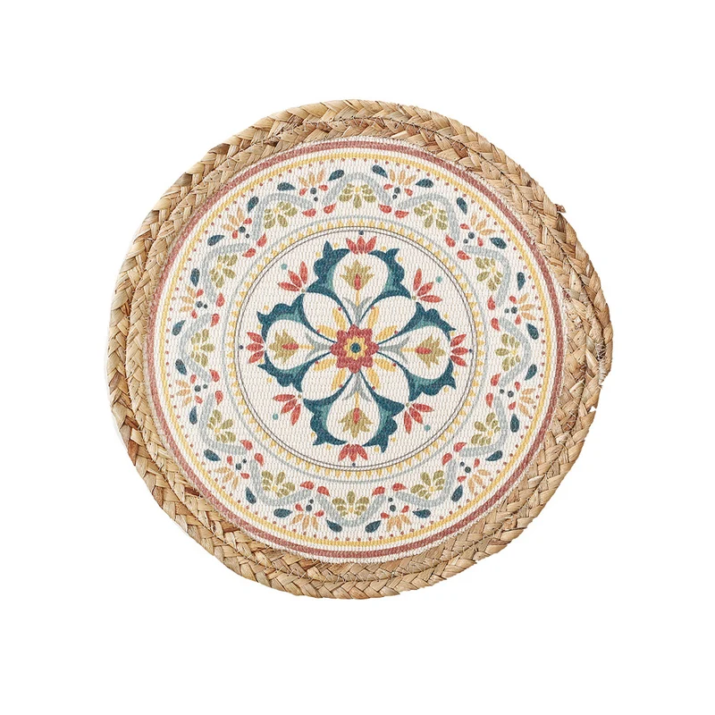 Runder Sitzpouf mit Mandala-Print, gewebter Oberfläche und geflochtenem Jute-Rand