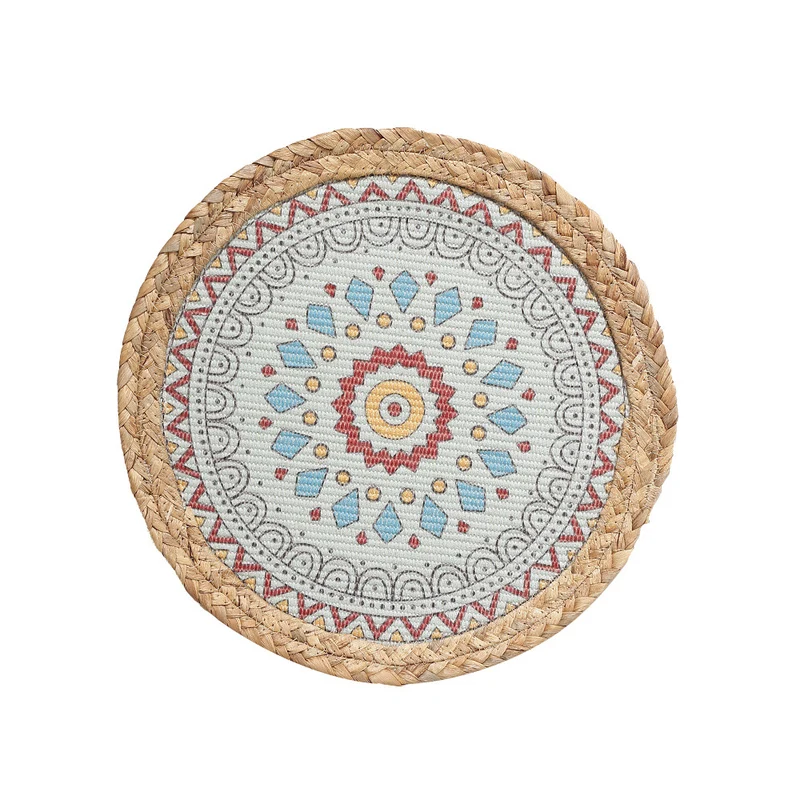 Runder Sitzpouf mit Mandala-Print, gewebter Oberfläche und geflochtenem Jute-Rand