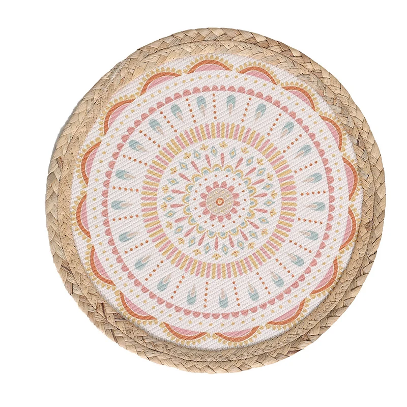 Runder Sitzpouf mit Mandala-Print, gewebter Oberfläche und geflochtenem Jute-Rand