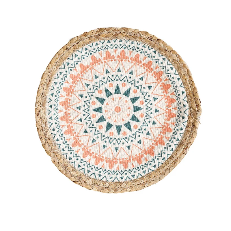 Runder Sitzpouf mit Mandala-Print, gewebter Oberfläche und geflochtenem Jute-Rand