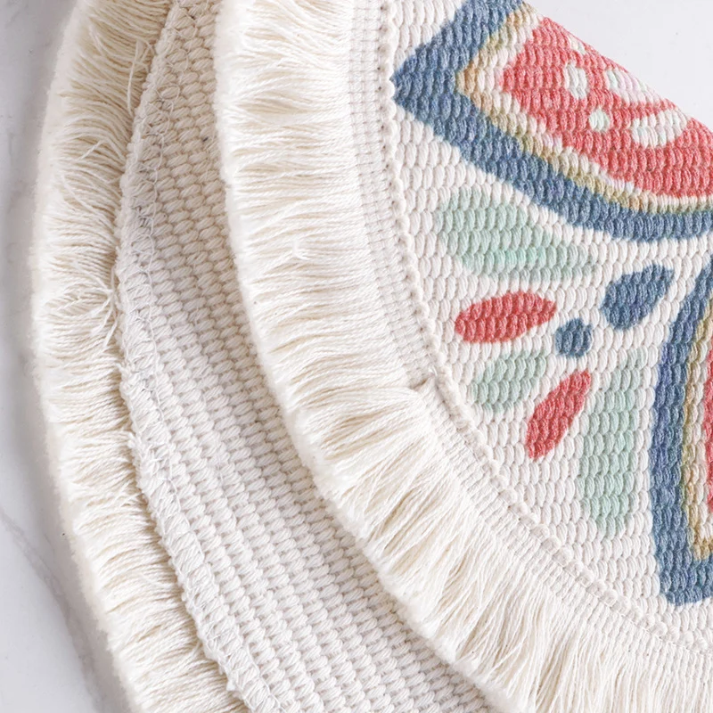 Runder flachgewebter Bodenteppich im Boho‑Mandala‑Design mit Baumwollfransen