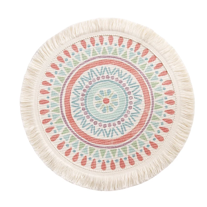 Runder flachgewebter Bodenteppich im Boho‑Mandala‑Design mit Baumwollfransen