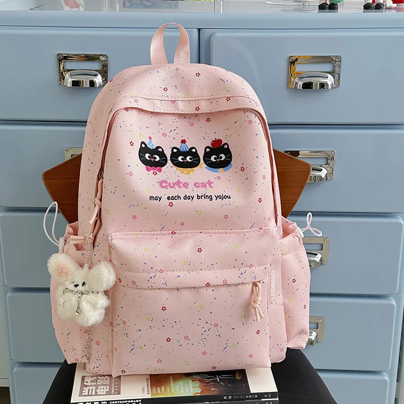 Niedlicher Schulrucksack mit Katzenmotiv und mehreren Taschen