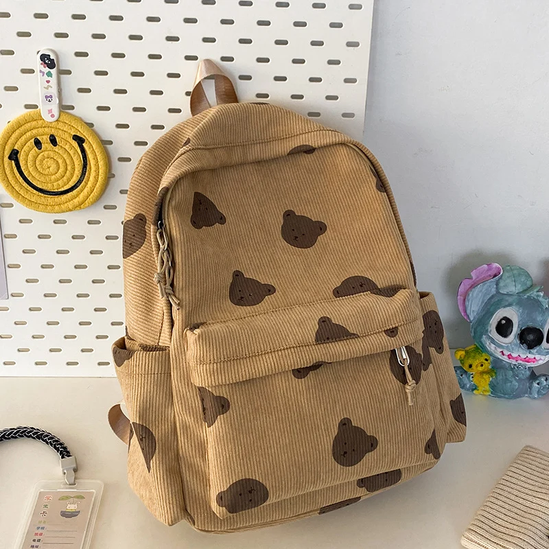 Niedlicher Cord-Schulrucksack mit Bärenmuster