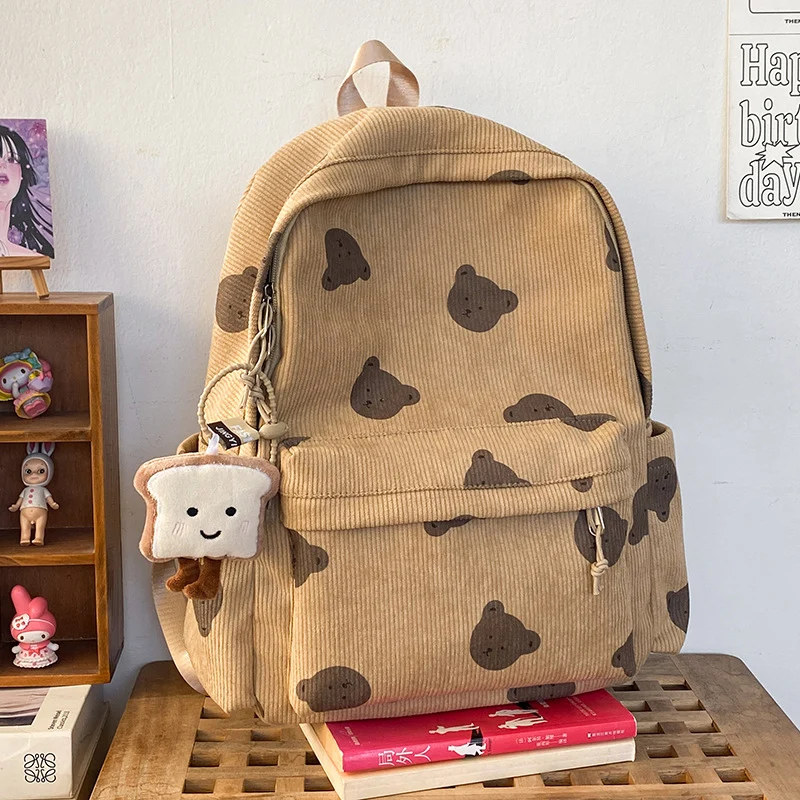 Niedlicher Cord-Schulrucksack mit Bärenmuster