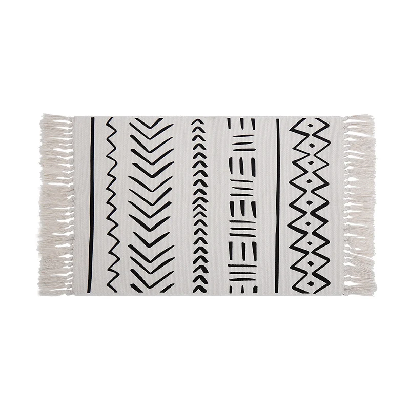 Flachgewebter Teppichläufer im Boho‑Mudcloth‑Design mit Baumwollfransen