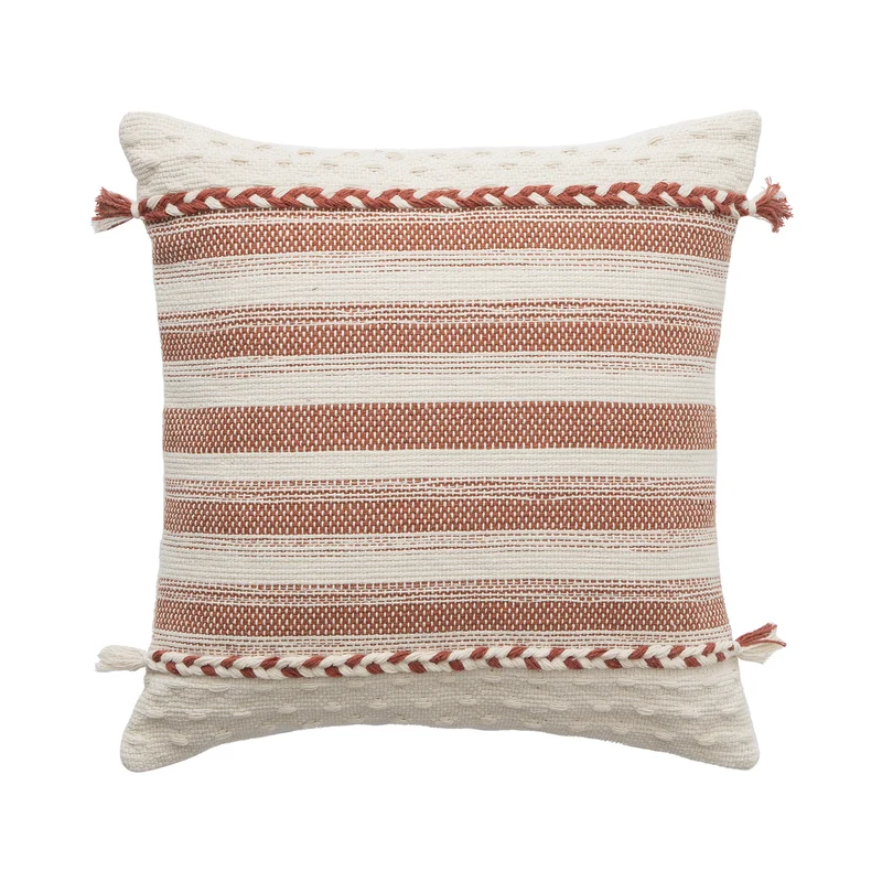 Rechteckiges Boho-Lumbar-Kissen mit geflochtenen Bändern und Quasten
