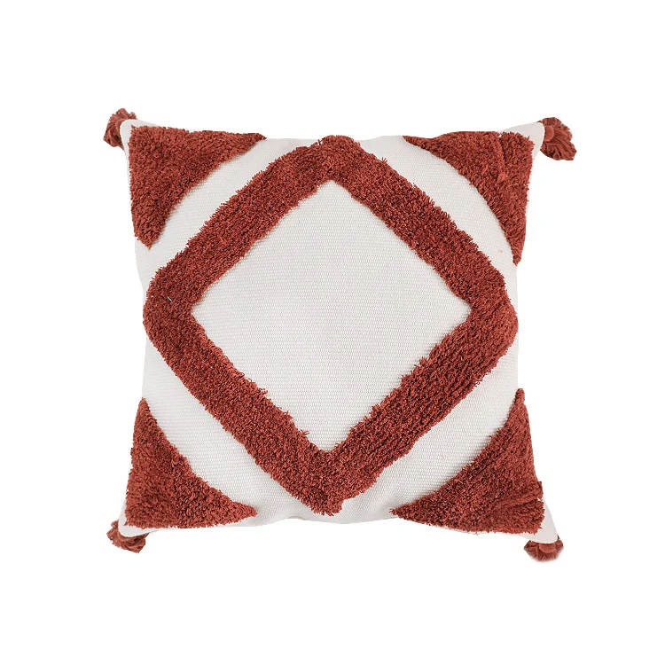 Quadratischer Zierkissenbezug aus Baumwoll‑Bouclé mit erhabenem Rautenmuster und Eckquasten
