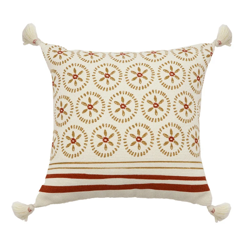 Quadratischer bestickter Baumwoll-Kissenbezug mit Quasten und gewebtem Kreisornament