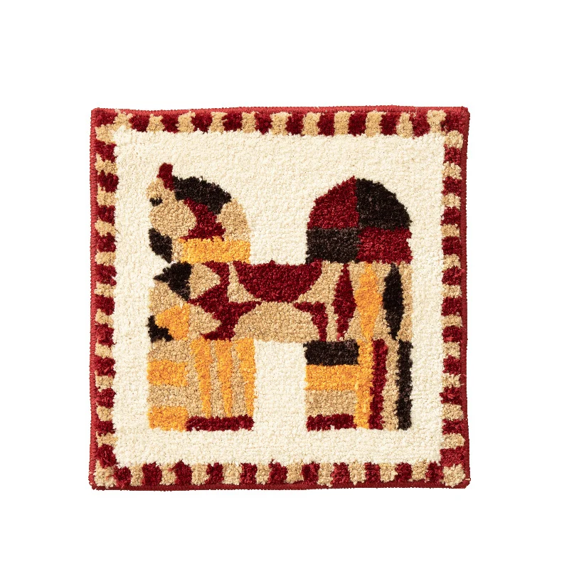 Handgetufteter dekorativer Teppich-Quadrat mit folkloristischem Pferdemotiv