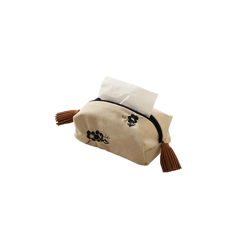 Elegante Samt-Taschentuchbox-Hülle mit Blumenstickerei und Quasten