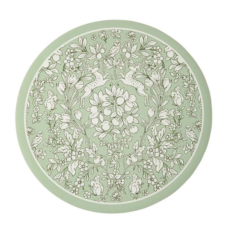 Runder gewebter Wohnteppich mit floraler Ornamentik und Tiermotiv
