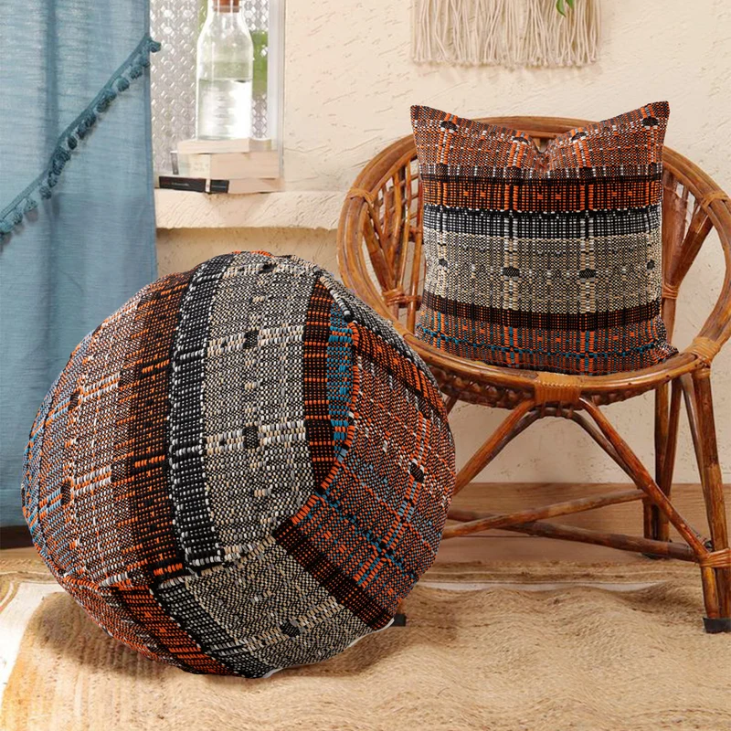 Runder gewebter Pouf‑Sitzhocker mit Tragegriff und Canvas‑Boden