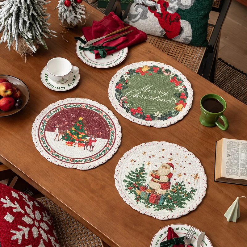 Runde weihnachtliche Baumdecke aus gewebtem Baumwollmischgewebe mit Rentier- und Tannenzweig-Motiv