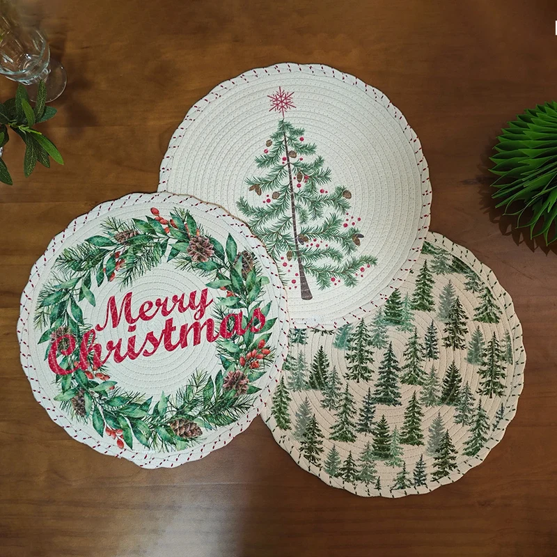 Runde weihnachtliche Baumdecke aus gewebtem Baumwollmischgewebe mit Rentier- und Tannenzweig-Motiv