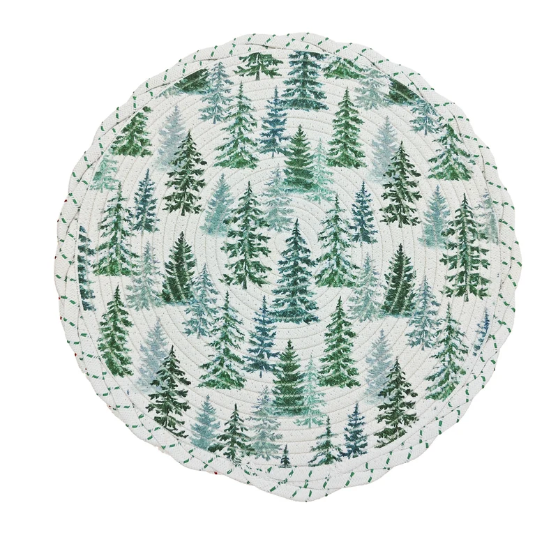 Runde weihnachtliche Baumdecke aus gewebtem Baumwollmischgewebe mit Rentier- und Tannenzweig-Motiv