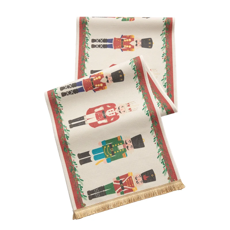 Weihnachts-Jacquard-Tischläufer mit Nussknacker-Motiv und Fransen