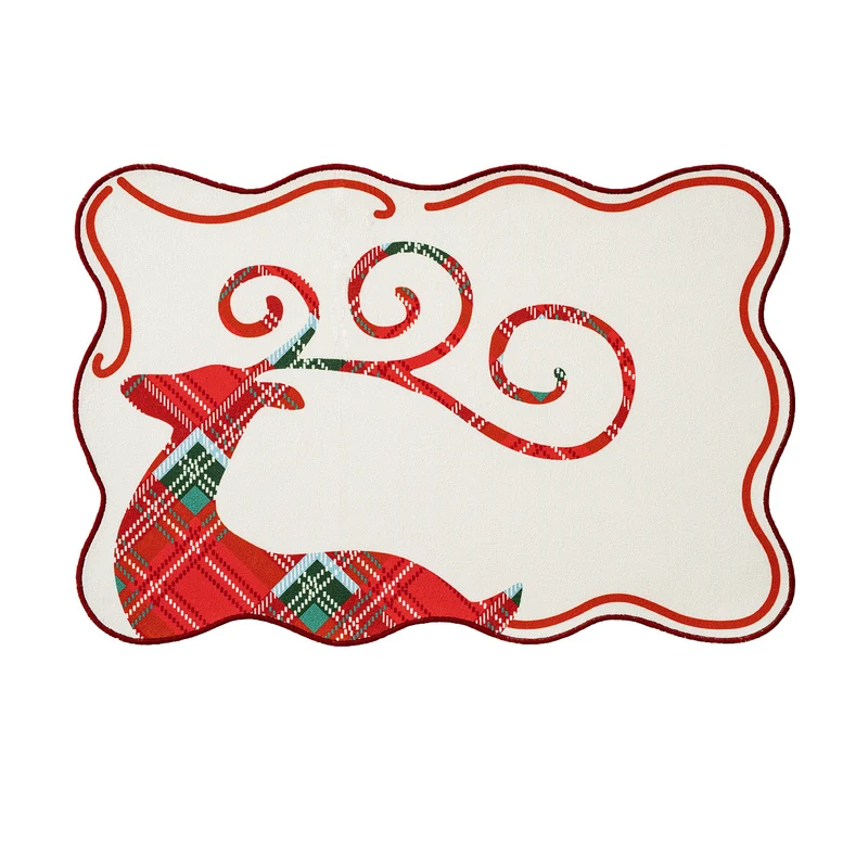 Rechteckiger weihnachtlicher Bodenteppich mit gesticktem Rentier‑Motiv und Karomuster