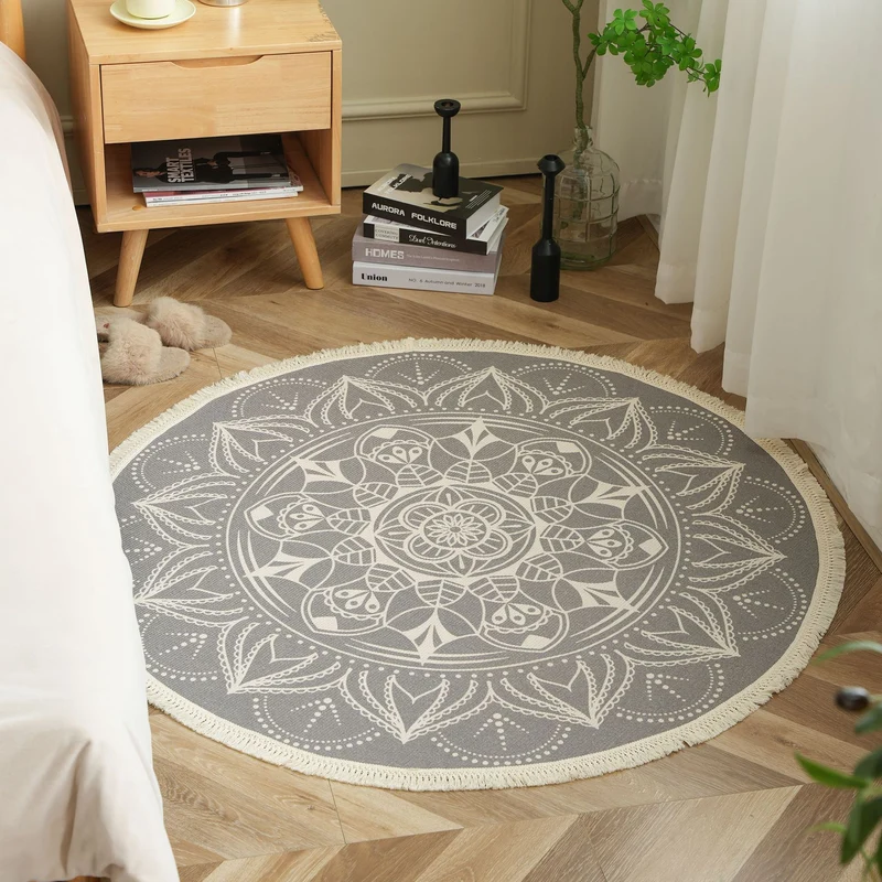 Runder Boho-Baumwollteppich mit Mandala‑Print und Fransenkante