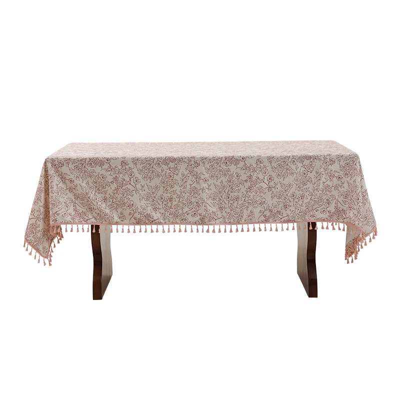 Rechteckige hochwertige Tischdecke aus Baumwoll‑Leinen mit handbedrucktem Blumenmuster und Quastenbordüre