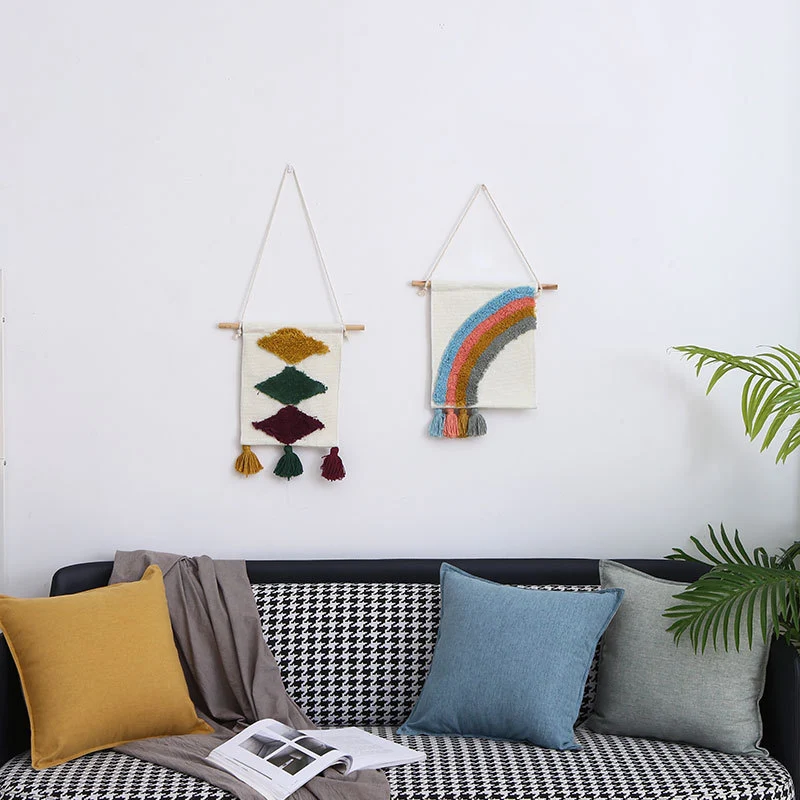Mini-Wandteppich-Set im Boho‑Stil mit Relief‑Tufting und Holzstabhalterung