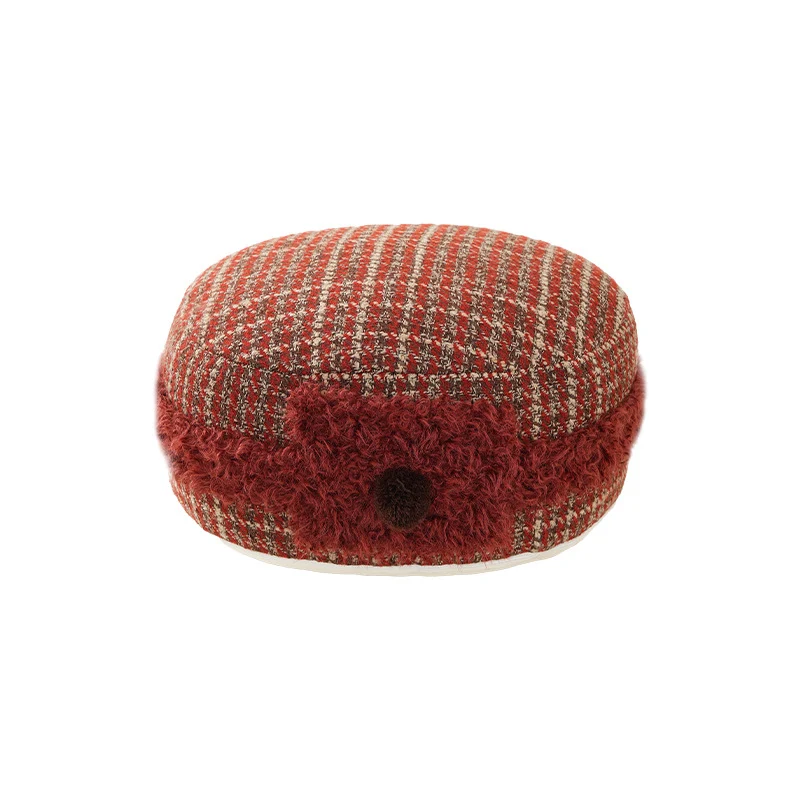 Baker-Boy-Mütze aus Tweed mit Teddybesatz und dekorativem Pompon