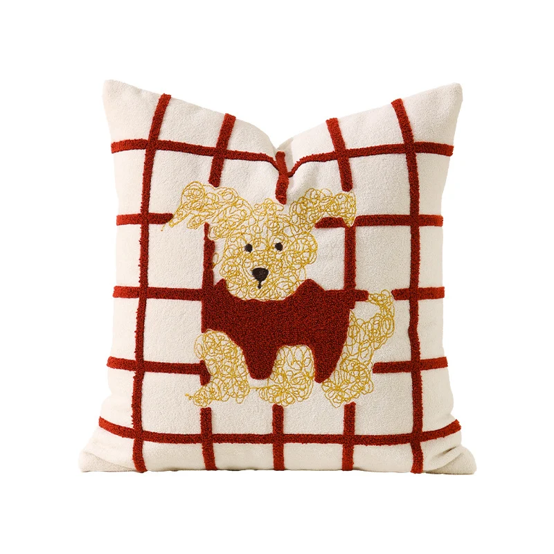 Quadratisches Zierkissen mit gestickter Hunde-Applikation und weichem Baumwoll-Mix