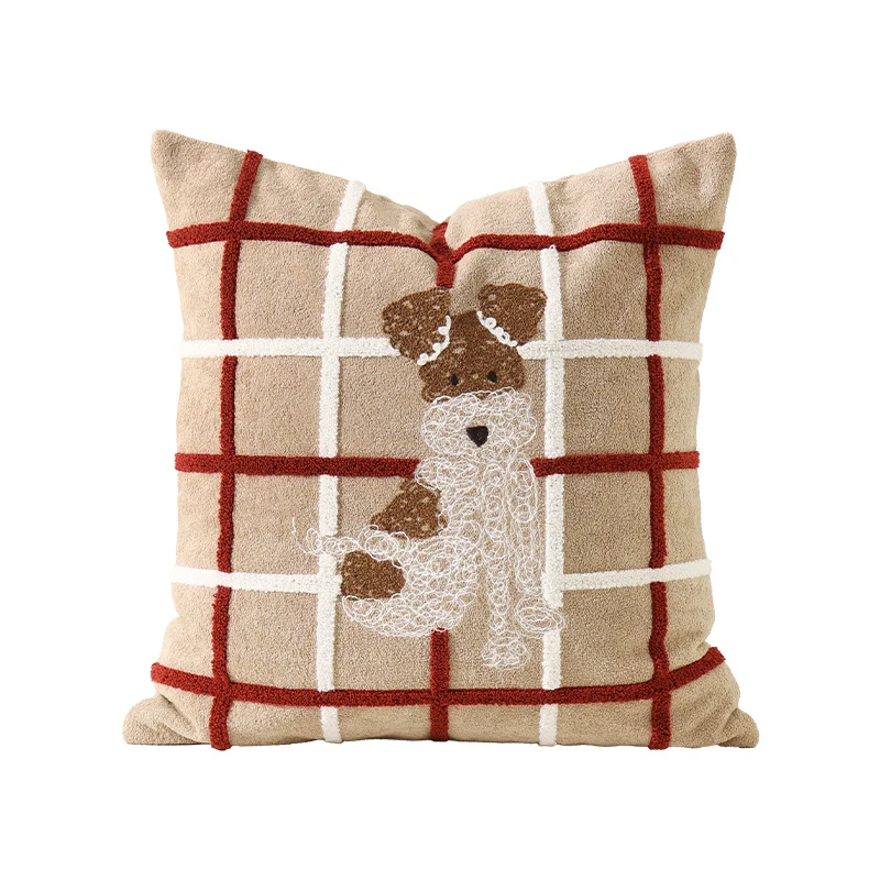 Quadratisches Zierkissen mit gestickter Hunde-Applikation und weichem Baumwoll-Mix