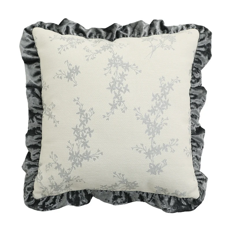 Handgetufteter quadratischer Dekokissenbezug mit floraler Chenille‑Applikation
