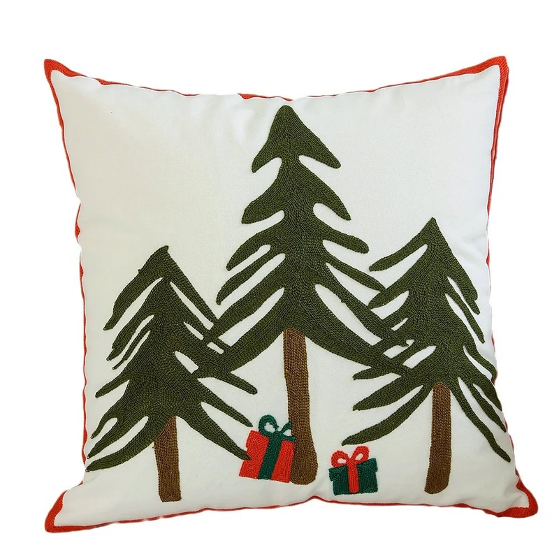 Handgesticktes winterliches Sofa-Zierkissen mit Schlitten- und Tannenmotiv