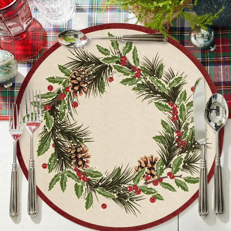 Rundes abwischbares Tischset mit weihnachtlichem Kranz- und Tartan‑Print