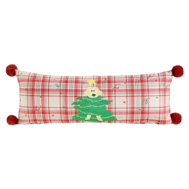 Langes Nacken- und Dekokissen mit Karomuster, Hunde‑Tannenbaum-Applikation und Bommel