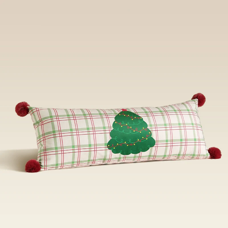 Langes Nacken- und Dekokissen mit Karomuster, Hunde‑Tannenbaum-Applikation und Bommel