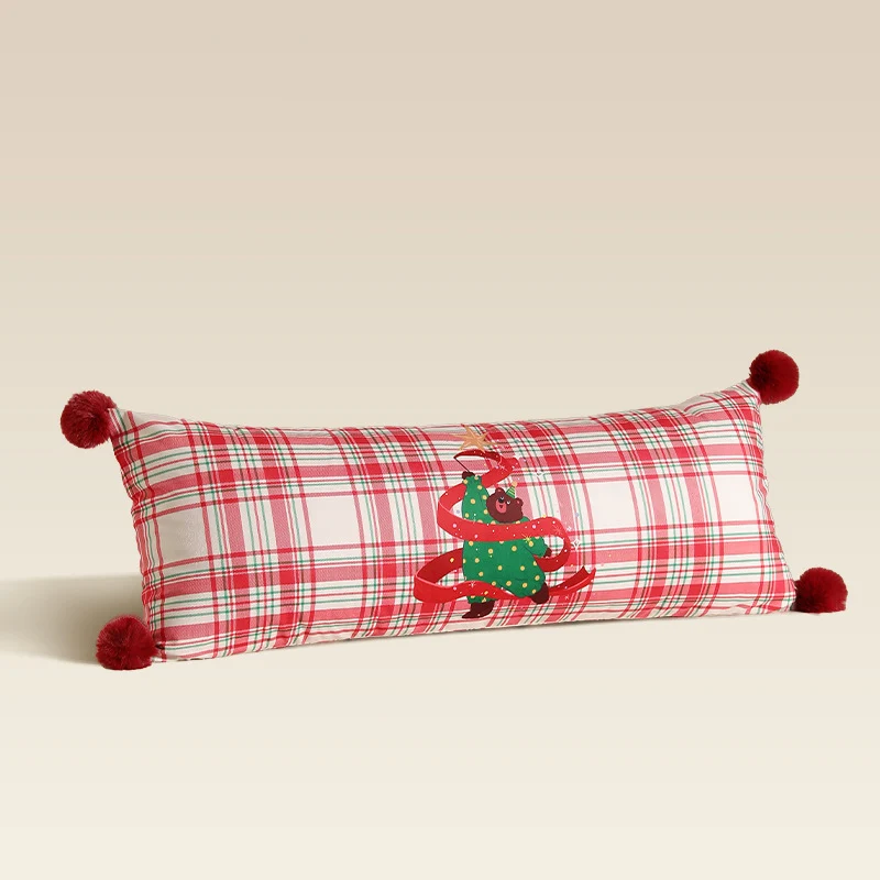 Langes Nacken- und Dekokissen mit Karomuster, Hunde‑Tannenbaum-Applikation und Bommel