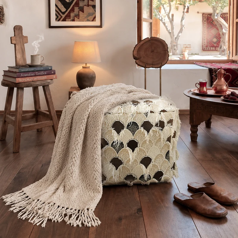 Gepolsterter Boho-Sitzpouf mit Fransen und gewebtem Patchworkbezug