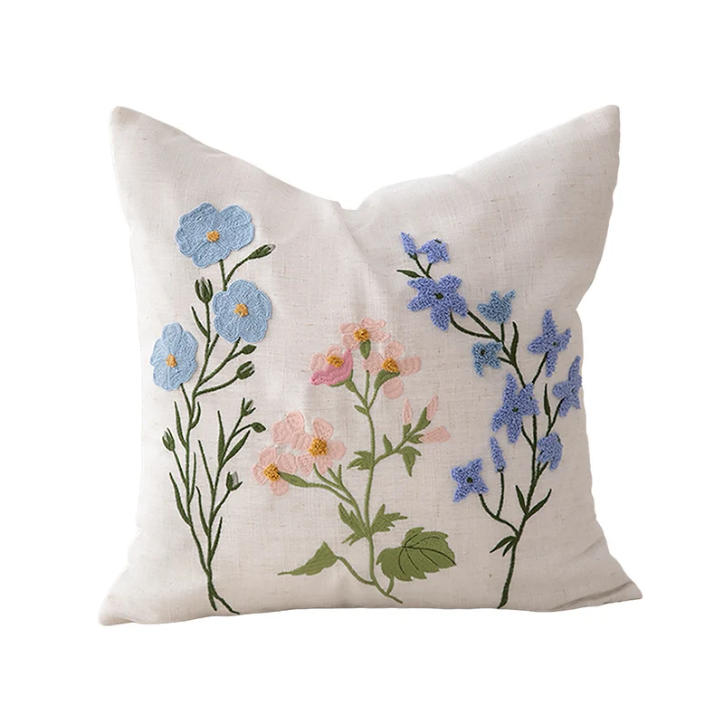 Besticktes Leinen-Dekokissen mit botanischer Blumenstickerei