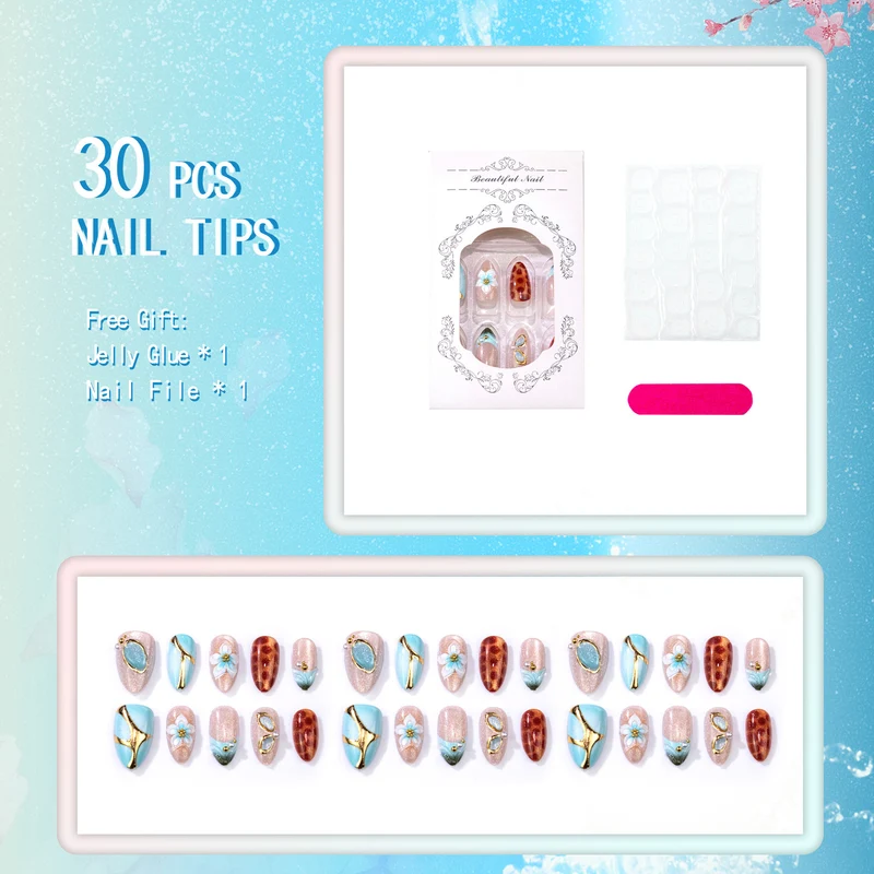 Künstlerisches Press-On Nail Art Set mit floralen und geometrischen Merkmalen