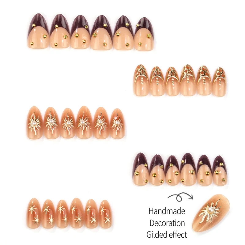Künstlerisches Press-On-Nagelkunst-Set mit elegantem Sonnen- und Edelsteindesign