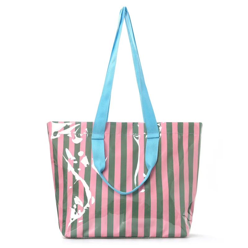 Geräumige Strandtasche mit transparentem Design und bunten Streifen Skanto