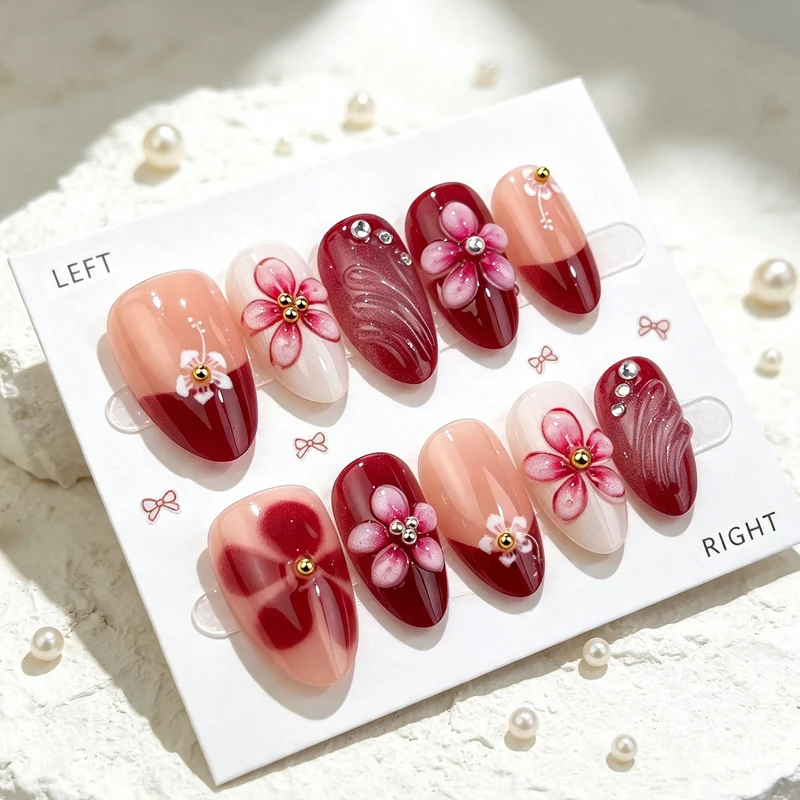 Künstlerisches Floral-Verzierte Press-On Nägel Set