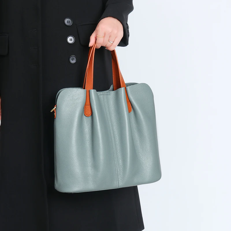Weiches Rindsleder Raffiniert Shopper Tote mit Kontrastkurzen Griffen