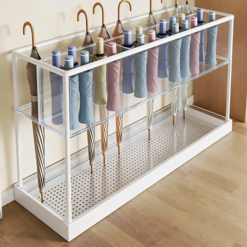 Zwei-Tier Klar Acryl Multi-Slot Regenschirm Organizer Stand mit perforierter Tropfschale und pulverbeschichtetem Metallrahmen