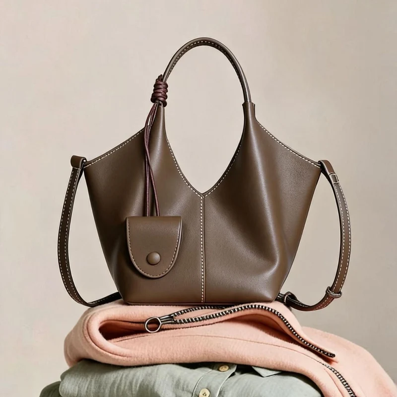 Kragend-Top Weiches Leder Bucket Tote mit Hängender Mini-Tasche