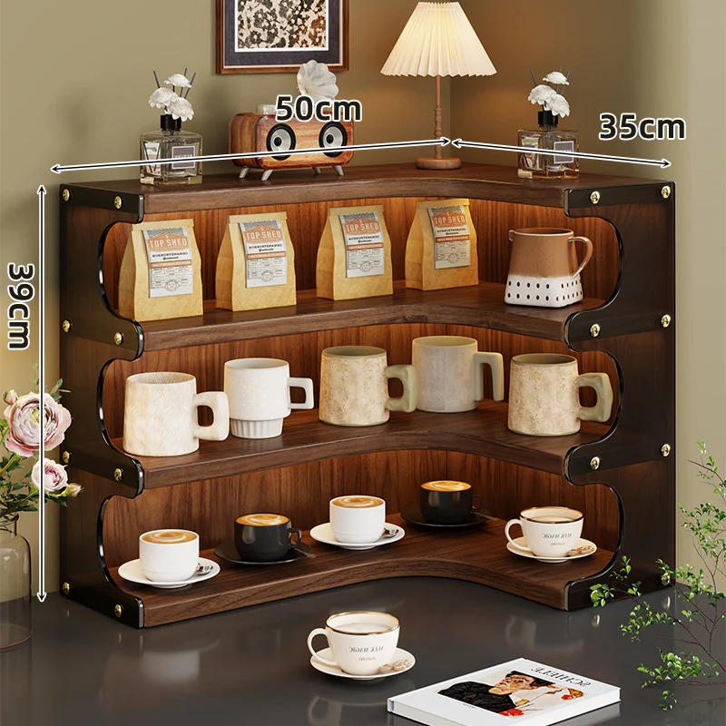 Eck-Dre tiers Holz Theke Anzeige Regal Organizer mit gebogenen Regalen und Messing Akzenten