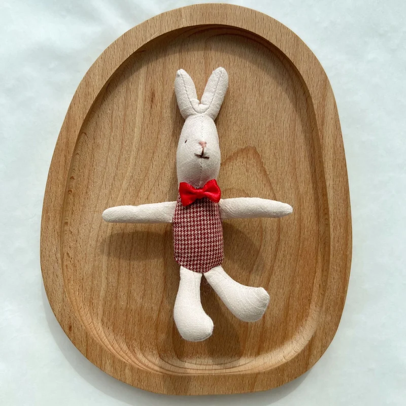 Miniatur Leinen Kaninchen Komforter Plüsch mit Gingham-Taschenkleid und Ripsband-Schleife