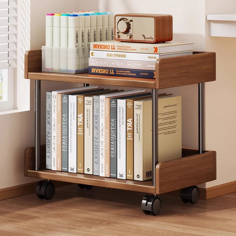 Minimalistische solide Holz-Zwei-Ebenen-Schreibtischbuchregal mit Metallstützstäben